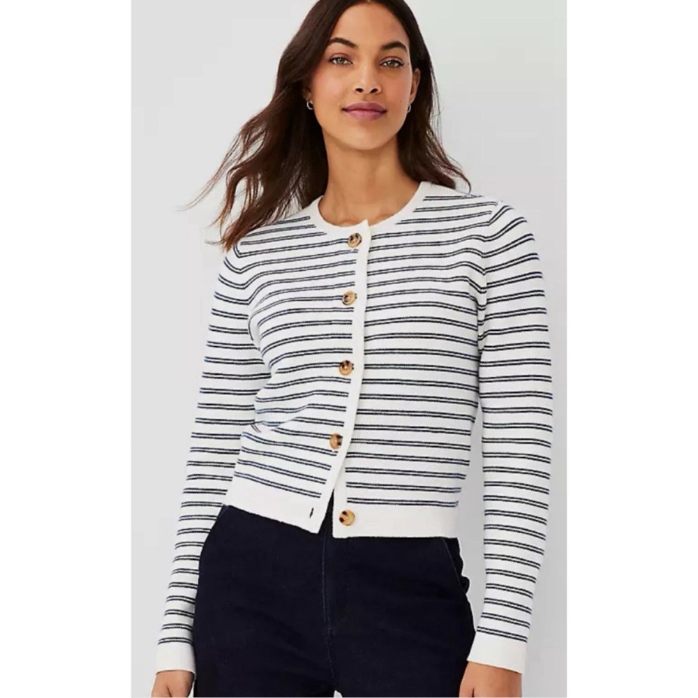 Ann Taylor Cotton Blend Navy Striped Fitted Button Down Cardigan Sweater Knit